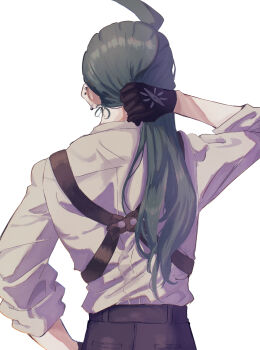 Rule 34 | 1girl, absurdres, ahoge, androgynous, awapontasu, back, black gloves, black pants, collared shirt, commentary request, ear piercing, earrings, from behind, gloves, grabbing own hair, green hair, grey shirt, highres, holding, holding own hair, jewelry, long hair, long sleeves, nintendo, pants, piercing, pocket, pokemon, pokemon sv, reverse trap, rika (pokemon), shirt, simple background, sleeves rolled up, solo, white background