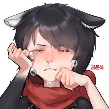 Rule 34 | 1girl, animal ear fluff, animal ears, artist name, black hair, blush, cat ears, cat girl, closed eyes, commentary, crying, dungeon meshi, english commentary, highres, izutsumi, kimchunsik, red scarf, sad, scarf, short hair, simple background, solo, teardrop, white background