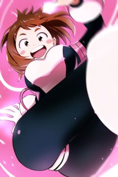 1girl ass bodysuit boku_no_hero_academia breasts brown_eyes brown_hair from_below highres large_breasts looking_at_viewer open_mouth skin_tight smile solo tanaka_yutaka thighs uraraka_ochako uraraka_ochako_(hero_outfit)