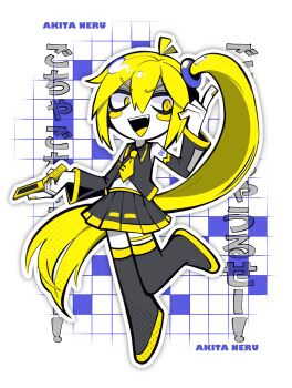Rule 34 | 1girl, akita neru, antenna hair, arm tattoo, black boots, black shirt, black skirt, blonde hair, blush stickers, boots, cb9 sn1, cellphone, character name, collared shirt, commentary request, detached sleeves, fang, flip phone, full body, highres, holding, holding phone, index finger raised, leg up, miniskirt, necktie, open mouth, outline, phone, pleated skirt, shirt, side ponytail, skirt, solo, tattoo, thigh strap, vocaloid, white outline, yellow eyes, yellow nails, yellow necktie, yellow trim