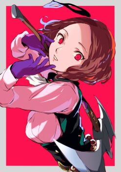 Rule 34 | 1girl, ascot, axe, battle axe, border, brown hair, gloves, grey border, grin, hashtag-only commentary, highres, holding, holding axe, holding weapon, looking at viewer, noir (persona 5), okumura haru, outside border, pekeponn, persona, persona 5, purple gloves, red background, red eyes, short hair, simple background, smile, solo, weapon, white ascot