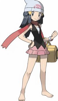 1girl ai-assisted bag bare_legs barefoot beanie blue_hair bracelet dawn_(pokemon) feet hat jewelry miniskirt nintendo official_art pokemon pokemon_dppt scarf self-upload simple_background skirt third-party_edit toes white_background