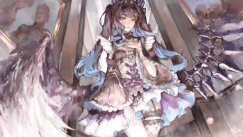 1girl absurdres black_hair blue_hair breasts colored_inner_hair commentary cowboy_shot english_commentary enna_alouette enna_alouette_(maid) fishnet_thighhighs fishnets garter_straps hair_intakes hand_on_own_chest head_wings highres lover6ee30 low_wings maid multicolored_hair nijisanji nijisanji_en official_alternate_costume purple_eyes realistic single_garter_strap single_thighhigh small_breasts solo streaked_hair thighhighs two_side_up virtual_youtuber wings