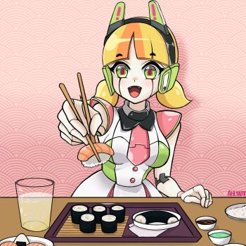 1girl ahlyx08 blonde_hair breasts chopsticks colored_skin crush_crush fangs food green_eyes highres incoming_food makizushi metal_skin odango_(crush_crush) onigiri open_mouth rice robot_girl short_twintails solo soy_sauce sushi twintails wasabi white_skin