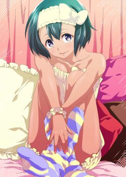 1girl bare_shoulders blush check_clothing clothing_request daitoku_junna dark-skinned_female dark_skin feet hairband highres ikuhashi_muiko looking_at_viewer loungewear purple_eyes robotics;notes science_adventure short_hair sitting smile socks solo striped_clothes striped_socks