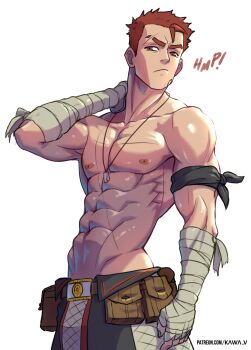 1boy abs bandaged_arm bandages closed_mouth kawa-v male_focus muscular muscular_male nipples original short_hair solo topless_male upper_body white_background