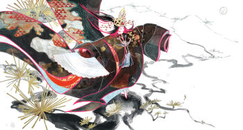 1girl absurdres black_hair closed_eyes commentary_request crown floating_hair full_body hand_fan highres japanese_clothes kimono layered_kimono multicolored_hair original outstretched_arms pink_hair ponytail print_kimono shiguretau solo spread_arms traditional_media two-tone_hair