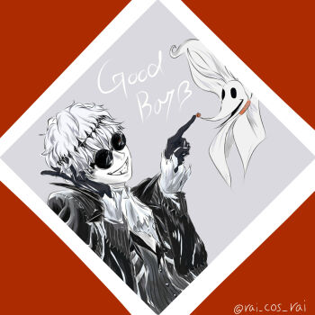 2boys black_crown crown diamond_hairband formal_clothes gloves highres jacket long_sleeves looking_at_viewer male_focus missing_tooth multiple_boys pinstripe_jacket pinstripe_pattern pinstripe_suit pinstripe_vest rai_cos_rai round_eyewear short_hair skeleton_print skully_j._graves smile striped_clothes striped_jacket striped_vest suit sunglasses the_nightmare_before_christmas twisted_wonderland vertical-striped_clothes vertical-striped_vest vest white_hair zero_(nbc)