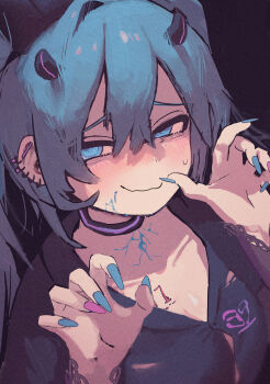 Rule 34 | absurdres, ameshi (rzuw4482), black background, black collar, black shirt, blue eyes, blue hair, blue nails, blush, body writing, button gap, claw pose, collar, collarbone, commentary, crack, cracked skin, double-parted bangs, ear piercing, fingernails, from above, furrowed brow, hair between eyes, half-closed eyes, hatsune miku, highres, horns, long fingernails, long hair, looking at viewer, looking up, multiple piercings, nail polish, piercing, pink collar, pink nails, shaded face, shirt, simple background, smile, sweat, two-tone collar, vocaloid, wavy mouth