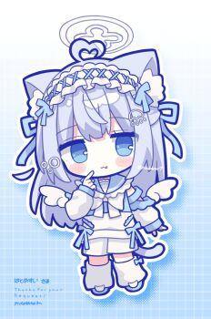 1girl :3 :p ahoge animal_ear_fluff animal_ears blue_background blue_eyes blue_hair blue_sailor_collar blue_shoes blush_stickers bow bowtie cat_ears cat_girl cat_tail chibi chibi_only closed_mouth commentary commission frilled_hairband frilled_sailor_collar frills full_body gradient_background grid_background hairband halo heart heart_ahoge highres long_hair long_sleeves nakkar original outline sailor_collar shirt shoes shorts skeb_commission smile socks solo standing symbol-only_commentary tail tongue tongue_out twitter_username white_bow white_bowtie white_hairband white_outline white_shirt white_shorts white_socks
