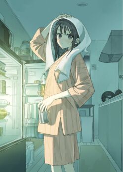 1girl black_hair blush brown_eyes can closed_mouth highres holding holding_can indoors kitchen long_hair looking_at_viewer orange_pajamas original pajamas refrigerator sako_(35s_00) shirt shorts solo towel towel_on_head