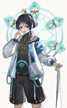 Rule 34 | 1boy, :p, adapted costume, akanbe, animal, animal on head, aqua halo, arm at side, armband, baiyuyi, bandaged weapon, baseball bat, bird, bird on head, black eyes, black hair, black shirt, black shorts, blue armband, blue trim, blunt ends, casual, choppy bangs, commentary, contemporary, cowboy shot, eyelashes, eyelid pull, eyeliner, finch, finger to eye, genshin impact, gold pendant, hakama, hakama shorts, halo, halo behind head, hand up, highres, holding, holding baseball bat, hood, hood down, hooded jacket, index finger raised, jacket, japanese clothes, jewelry, long sleeves, looking at viewer, makeup, male focus, mandala, necklace, on head, open clothes, open jacket, pleated shorts, red eyeliner, scaramouche (genshin impact), shirt, shorts, solo, tongue, tongue out, tsurime, turtleneck, turtleneck shirt, untranslatable commentary, wanderer (genshin impact), white background, white hood, white jacket, white sleeves, zipper