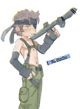 1boy aged_down brown_hair cargo_pants character_name eirikr eyepatch fingerless_gloves gloves green_pants holding holding_weapon male_focus metal_gear_(series) pants short_hair solid_snake solo weapon white_background
