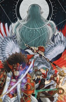 Rule 34 | armor, brown hair, fire emblem, fire emblem fates, highres, hinoka (fire emblem), holding, holding polearm, holding weapon, horseback riding, naginata, nintendo, pegasus, polearm, red armor, red eyes, red hair, riding, ryoma (fire emblem), sakura (fire emblem), spacesmilodon, takumi (fire emblem), weapon