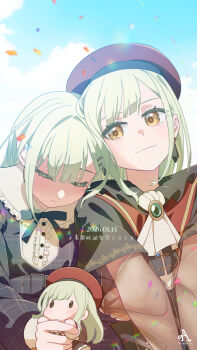 Rule 34 | 1girl, artist logo, artist name, bang dream!, bang dream! it's mygo!!!!!, black dress, bright background, brooch, commentary, dated, doll, doumucchi, dress, dual persona, earrings, english commentary, grey hair, hair ornament, happy birthday, hat, highres, holding, jewelry, logo, long hair, long sleeves, looking at another, mortis (bang dream!), mortis (persona) (bang dream!), red hat, sky, sleeping, upper body, wakaba mutsumi, wakaba mutsumi (doll), yellow eyes