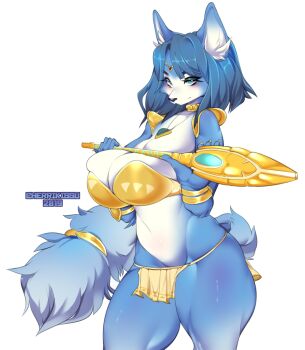 1girl animal_ears aqua_eyes artist_name blue_hair blush breasts cherrikissu circlet claws cleavage closed_mouth dated female_focus fox_ears fox_tail furry furry_female groin hands_up holding holding_staff jewelry krystal large_breasts loincloth navel necklace nintendo short_hair shoulder_pads simple_background solo staff standing star_fox tail watermark white_background