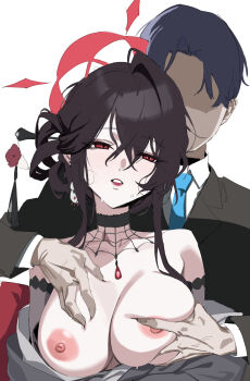 1boy 1girl banssee black_choker black_hair blue_archive breasts choker grabbing_another&#039;s_breast grabbing_from_behind groping hair_between_eyes hair_ornament hair_stick halo hetero highres kokuriko_(blue_archive) large_breasts long_hair long_sleeves nipples red_eyes red_halo simple_background solo_focus white_background