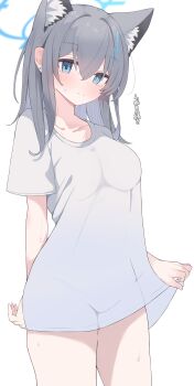 1girl absurdres animal_ear_fluff animal_ears blue_archive blue_eyes blue_halo blush breasts bright_pupils closed_mouth collarbone commentary_request cowboy_shot cross_hair_ornament earrings extra_ears grey_hair hair_ornament halo highres jewelry looking_at_viewer medium_breasts mismatched_pupils naked_shirt nui_(nuinui0300) shiroko_(blue_archive) shirt short_sleeves simple_background smile solo stud_earrings translation_request white_background white_pupils white_shirt wolf_ears wolf_girl