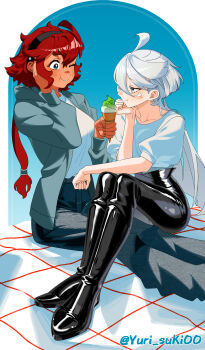 Rule 34 | 2girls, absurdres, ahoge, black hairband, black pants, blue background, blue eyes, blue jacket, blush, closed mouth, commentary, food, grey eyes, gundam, gundam suisei no majo, hairband, hashtag-only commentary, highres, holding, holding ice cream cone, ice cream, ice cream cone, jacket, leather, leather pants, long hair, looking at another, miorine rembran, multiple girls, one eye closed, pants, ponytail, red hair, shirt, sitting, sitting on lap, sitting on person, smile, suletta mercury, twitter username, white hair, white shirt, yuri, yurisuki00