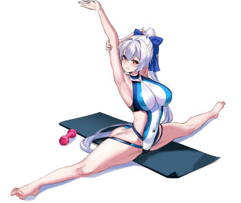 1girl absurdres arm_behind_head armpits arms_up ass bare_arms bare_legs bare_shoulders barefoot blue_bow blue_one-piece_swimsuit blush bow breasts clothing_cutout commentary competition_swimsuit crow019 double-parted_bangs dumbbell exercising fate/grand_order fate_(series) feet flexible from_side front_zipper_swimsuit_(realise) full_body grey_hair grin groin_tendon hair_between_eyes hair_bow hair_intakes high_ponytail highleg highleg_one-piece_swimsuit highres holding_own_arm large_breasts legs long_hair long_legs looking_at_viewer multicolored_swimsuit on_floor one-piece_swimsuit open_hand ponytail red_eyes side_cutout side_sitting_split sideways_glance simple_background sitting sitting_split smile solo split spread_legs stretching striped_clothes striped_one-piece_swimsuit swimsuit teeth thick_thighs thighs toes tomoe_gozen_(fate) tomoe_gozen_(swimsuit_saber)_(fate) tomoe_gozen_(swimsuit_saber)_(first_ascension)_(fate) turning_head turtleneck turtleneck_one-piece_swimsuit two-tone_swimsuit very_long_hair white_background white_hair white_one-piece_swimsuit wide_spread_legs yoga_mat