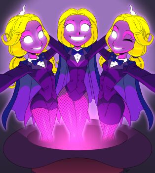 3girls absurdres artist_name blonde_hair bow bowtie breasts buttons cape collared_shirt colored_skin eyelashes fishnet_pantyhose fishnets ghost_girl ginny_(luigi&#039;s_mansion) gloves glowing glowing_eyes grin hat highres jacket leotard lindsey_(luigi&#039;s_mansion) long_sleeves looking_at_viewer luigi&#039;s_mansion luigi&#039;s_mansion_3 mario_(series) medium_breasts medium_hair multiple_girls nikki_(luigi&#039;s_mansion) nintendo no_pupils one_eye_closed outstretched_arms pantyhose ponytail purple_bow purple_bowtie purple_cape purple_jacket purple_leotard purple_skin shirt siblings signature sisters smile teeth top_hat twintails warren_blakely white_eyes white_gloves white_shirt wide_hips