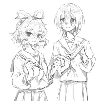 2girls 80isiiii alternate_costume blush calligraphy_brush chinese_commentary commentary_request drill_hair drill_sidelocks greyscale hair_ornament hair_rings hair_stick height_difference highres holding holding_calligraphy_brush holding_ofuda holding_paintbrush kaku_seiga long_sleeves looking_at_viewer miyako_yoshika monochrome multiple_girls ofuda paintbrush pleated_skirt sailor_collar sailor_shirt school_uniform shirt short_hair sidelocks skirt smile touhou
