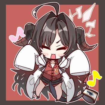 1girl :3 ^_^ absurdres ahoge black_shorts blue_archive blush_stickers border brown_border brown_hair chibi chibi_only closed_eyes coat collared_shirt curved_horns demon_girl demon_horns demon_tail facing_viewer full_body gehenna_academy_logo hair_between_eyes hair_intakes halo hashtag-only_commentary highres horns huge_ahoge kasumi_(blue_archive) lab_coat long_hair musical_note nckak9rjjdjff4e open_clothes open_coat open_mouth outline outside_border red_background red_halo red_shirt shirt shorts simple_background sleeves_past_fingers sleeves_past_wrists smile solo standing tail thick_eyebrows v-shaped_eyebrows very_long_hair white_coat white_outline wide_sleeves