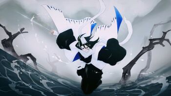 1boy antatica11 black_eyes black_hair bleach chinese_commentary commentary_request full_body hair_ornament haori highres holding holding_sword holding_weapon japanese_clothes kuchiki_byakuya long_hair male_focus river shihakusho solo sword taichou_haori weapon