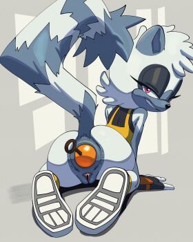 1girl absurdres anal anal_object_insertion anus ass bottomless eyelashes from_behind furry furry_female gaping gaping_anus gloves grey_fur grey_hair highres idw_publishing kneeling legs long_eyelashes looking_at_viewer looking_back naughty_face nude object_insertion presenting presenting_anus purple_eyes pussy seductive_smile sega sex shoes short_hair smile sonic_(series) sonic_the_hedgehog_(idw) tail tangle_the_lemur teeth thehumancopier tomboy white_fur white_hair