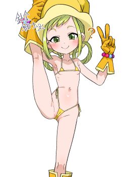 1girl absurdres arm_up asuka_momoko bikini boots cameltoe closed_mouth commentary_request gloves green_eyes green_hair hair_rings hand_up harigane_shinshi hat highres leg_up loli looking_at_viewer micro_bikini navel ojamajo_doremi orange_boots orange_gloves ribs side-tie_bikini_bottom smile solo split standing standing_on_one_leg standing_split swimsuit thick_eyebrows translation_request yellow_bikini yellow_hat