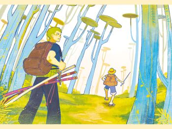 2boys backpack bag black_pants blue_shorts brown_bag commentary denim denim_shorts forest grass green_hair hat highres holding holding_stick katana male_focus monkey_d._luffy multiple_boys nature one_piece outdoors pants roronoa_zoro sandals short_hair shorts stick straw_hat sword symbol-only_commentary toku0034 walking weapon