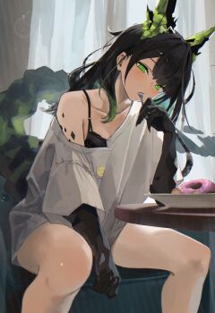 1girl absurdres ahoge alternate_costume arknights arm_up black_bra black_hair black_skin bra bright_pupils collarbone colored_skin energy_tail feet_out_of_frame green_eyes green_hair green_streaks head_tilt highres holding holding_spoon huge_ahoge indoors legs long_hair material_growth mon3tr_(arknights) multicolored_hair no_pants oripathy_lesion_(arknights) shikyou_yoru shirt short_sleeves single_bare_shoulder sitting solo spoon thighs two-tone_hair underwear utensil_in_mouth white_pupils white_shirt