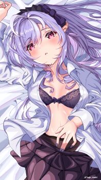 Rule 34 | 1girl, absurdres, artist name, black bra, blush, bow, bra, brown skirt, collared shirt, commentary request, cowboy shot, dress shirt, hair bow, highres, long hair, long sleeves, looking at viewer, lying, mole, mole under eye, on back, open clothes, open shirt, pantyhose, parted lips, pink eyes, pointy ears, purple bow, purple hair, purple nails, shirt, skirt, solo, togo uzuki, underwear, vivian banshee, white shirt, zenless zone zero