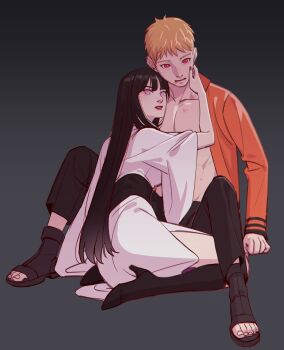 1boy 1girl absurdres bare_pectorals black_hair blonde_hair boots boruto:_naruto_next_generations byakugan commentary_request facial_mark high_heel_boots high_heels highres hyuuga_hinata jacket japanese_clothes kimono korean_commentary lipstick long_hair makeup naruto_(series) negeotibeu_dungji open-toe_shoes open_clothes open_jacket pectorals purple_eyes red_eyes red_lips short_kimono uzumaki_naruto veins whisker_markings wide_sleeves