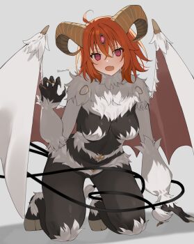 1girl :o @_@ absurdres ahoge arm_support artist_name body_fur brown_horns claw_pose cosplay dark_young_(fate) dark_young_(fate)_(cosplay) demon_girl demon_horns demon_wings fang fate/grand_order fate_(series) fingernails fujimaru_ritsuka_(female) full_body fur-tipped_tail goat_horns goat_legs grey_background hair_between_eyes highres hooves horns kneeling looking_at_viewer monsterification open_mouth orange_hair pink_eyes romo827 sharp_fingernails short_hair simple_background skin_fang solo third_eye twitter_username white_fur wings