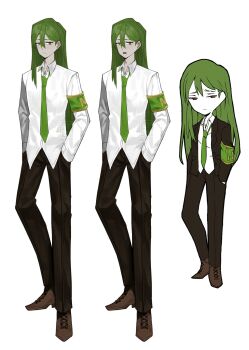 1boy androgynous black_suit brown_eyes brown_shoes collared_shirt commentary english_commentary eyebrow_cut formal_clothes green_hair green_necktie hands_in_pockets highres lobotomy_corporation long_hair looking_at_viewer male_focus multiple_views nai_ga_(style) necktie netzach_(project_moon) official_art_inset official_style open_mouth project_moon shirt shoes simple_background suit suyapuya white_background white_shirt