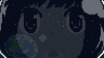 1girl animated animated_gif breath close-up commentary earth_(planet) english_commentary frogapples helmet looking_at_viewer looping_animation moon open_mouth original pixel_art planet reflection shooting_star solo space space_helmet star_(sky)