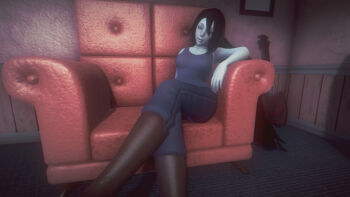 1girl 3d adventure_time armchair black_hair bomb cartoon_network chair explosive female_focus guitar highres indoors instrument lips long_hair looking_at_viewer marceline_abadeer mike_inel ponytail solo very_long_hair yawning