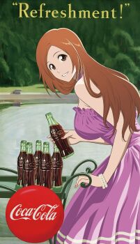 1girl bleach bleach:_sennen_kessen-hen bottle breasts brown_eyes coca-cola dress drink female_focus holding holding_drink inoue_orihime large_breasts long_hair looking_at_viewer orange_hair photo-referenced product_placement promotional_art purple_dress second-party_source soda_bottle standing strapless strapless_dress