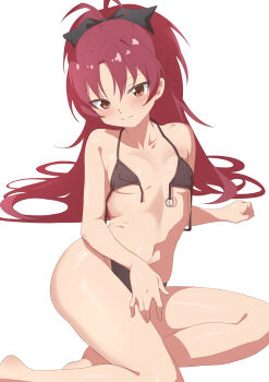 1girl absurdres ahoge bikini black_bikini black_bow blush bow breasts bulge covered_erect_nipples hair_between_eyes hair_bow high_ponytail highres legs long_hair looking_at_viewer mahou_shoujo_madoka_magica mangos0086 navel ponytail red_eyes red_hair sakura_kyoko shiny_skin simple_background sitting small_breasts smile solo stomach swimsuit undressing very_long_hair white_background