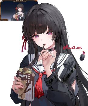 black_choker black_hair black_jacket black_shirt box breasts chisa_(wuthering_waves) choker color_guide commentary_request fingernails food food_in_mouth game_screenshot_inset hair_ribbon highres holding holding_box jacket long_hair looking_at_viewer medium_breasts mole mole_under_eye neckerchief omelet_tomato pocky pocky_in_mouth red_eyes red_neckerchief red_ribbon ribbon sailor_collar shirt simple_background twitter_username white_background white_sailor_collar wuthering_waves