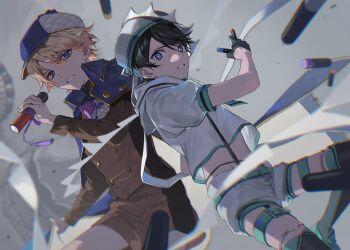 2boys absurdres aqua_belt aqua_eyes aqua_neckerchief aqua_shoes ascot back-to-back belt belt_buckle between_fingers black_gloves black_hair black_thighhighs blonde_hair blue_capelet blue_hat blurry bow brown_jacket brown_shorts buckle buttons capelet carousel clenched_teeth clock_over_orquesta collared_capelet cowboy_shot crayon crown deerstalker depth_of_field detective double-breasted ferris_wheel flower fold-over_socks foot_out_of_frame frown gloves grey_background hair_between_eyes half_gloves hand_up hat highres hip_bones holding holding_crayon holding_telescope jacket jewelry knee_up kokonoe_konoe loafers long_sleeves looking_at_viewer male_focus midriff_peek multiple_boys neckerchief primrose_(flower) puffy_short_sleeves puffy_sleeves purple_bow purple_eyes purple_flower sailor_collar sailor_hat sailor_shirt shirt shoes short_hair short_shorts short_sleeves shorts sideways_glance sleeve_cuffs standing string_of_flags striped_bow suspenders suwada swept_bangs tassel teeth telescope thigh_belt thigh_strap thighhighs thighlet tilted_headwear tsuyuri_azuma white_ascot white_hat white_sailor_collar white_shirt white_shorts