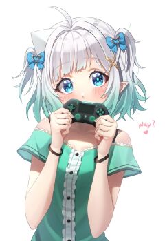 1girl absurdres ahoge blue_bow blue_eyes blush bow clothing_cutout collarbone controller english_text game_controller ghostenjoyerguy7007 green_hair green_shirt hair_bow hair_intakes hashtag-only_commentary highres holding holding_controller holding_game_controller indie_virtual_youtuber looking_at_viewer medium_hair mint_fantome multicolored_hair shirt short_sleeves shoulder_cutout simple_background solo virtual_youtuber white_background white_hair