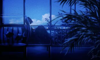 1girl absurdres blue_theme blurry blurry_foreground chinese_commentary cloud commentary_request depth_of_field film_grain fish fishbowl full_body heavy_film_grain highres huashijw indoors knees_up monochrome original scenery short_hair signature silhouette sitting sky solo window