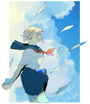 1girl absurdres azisaiharumaki56 blonde_hair blue_sailor_collar blue_skirt blue_sky boku_no_hero_academia border chromatic_aberration cloud commentary_request highres holding holding_behind_back neckerchief outdoors paper pleated_skirt red_neckerchief sailor_collar school_uniform serafuku shirt short_hair short_sleeves skirt sky solo tented_shirt toga_himiko white_border white_shirt wind