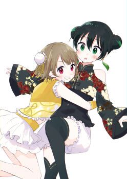 Rule 34 | 2girls, black hair, black thighhighs, blush, brown hair, bun cover, chinese clothes, clothing cutout, commentary, frilled shirt, frilled skirt, frills, glomp, green eyes, green hair, grin, hair bun, highres, hug, long sleeves, love live!, love live! nijigasaki high school idol club, multicolored hair, multiple girls, nakasu kasumi, pink eyes, shirt, short hair, shoulder cutout, simple background, skirt, smile, takasaki yu, thighhighs, watanabe nako, white background, wide sleeves, yellow shirt
