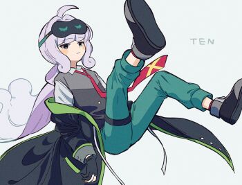 1boy ahoge androgynous aqua_pants black_coat black_gloves black_shoes bow character_name closed_mouth coat collared_shirt commentary_request full_body gloves green_eyes grey_background grey_shirt hair_bow highres kaxxxxx_324 long_hair looking_at_viewer low_ponytail male_focus mask mask_on_head necktie off_shoulder open_clothes open_coat pants partially_fingerless_gloves ponytail purple_bow purple_hair puyopuyo puyopuyo_quest red_necktie red_socks shirt shoes simple_background sleep_mask socks solo ten_(puyopuyo) thigh_strap very_long_hair