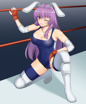 1girl animal_ears blue_leotard boots breasts cleavage collarbone covered_navel elbow_gloves elbow_pads gloves hair_between_eyes highres knee_pads leotard light_purple_hair long_hair mattyakinako_(odango_imomushi) moon_rabbit on_one_knee one_eye_closed pain purple_hair rabbit_ears rabbit_girl red_eyes reisen_udongein_inaba rope shadow solo sweat touhou touhou_tag_dream white_boots wrestler wrestling wrestling_outfit wrestling_ring