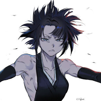 1girl armpits backless_dress backless_outfit bare_back bare_shoulders black_dress black_hair black_robe black_sleeves bleach bleach:_sennen_kessen-hen blue_eyes breasts collarbone debris detached_sleeves dress floating_hair hair_between_eyes highres looking_at_viewer mature_female messy_hair p_glansk parted_lips robe shihakusho short_hair sideboob sidelocks signature solo squinting striped_clothes striped_dress striped_robe sui-feng twitter_username white_background