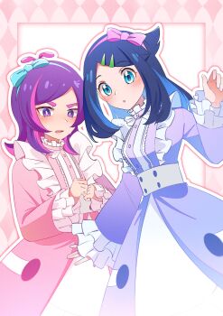 Rule 34 | 2girls, absurdres, black hair, blue dress, blue eyes, blue hair, blush, colored inner hair, cowlick, dot (pokemon), dress, eyelashes, frilled dress, frills, hair ornament, hair ribbon, hairclip, highres, liko (pokemon), long hair, long sleeves, looking at viewer, mikan bako, multicolored hair, multiple girls, nintendo, open mouth, pink dress, pink hair, pokemon, pokemon (anime), pokemon horizons, puffy sleeves, purple eyes, purple hair, ribbon, smile, sweatdrop, two-tone hair